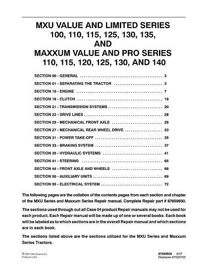 Case Tractor MXU 100 110 115 125 130 135 Maxxum 140 Pro Series Service Manual