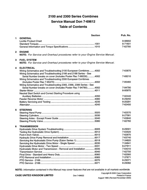 Case 2100, 2300 Series Combines Service Manual