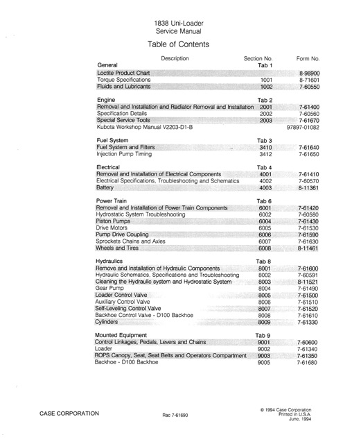 Case 1838 Uni-Loader Service Repair Manual