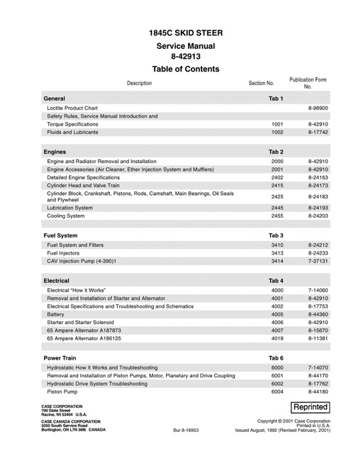 Case 1845C Skid Steer Loader Service Manual