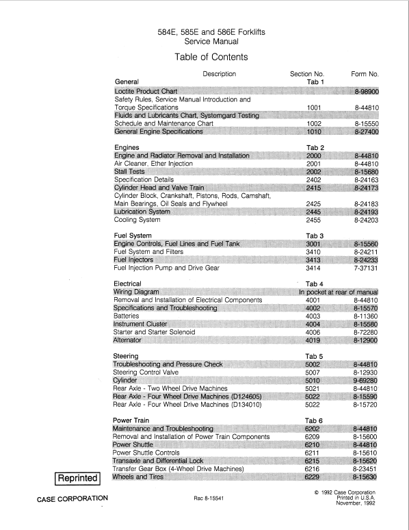 Case 584E, 585E, 586E Forklifts Service Manual